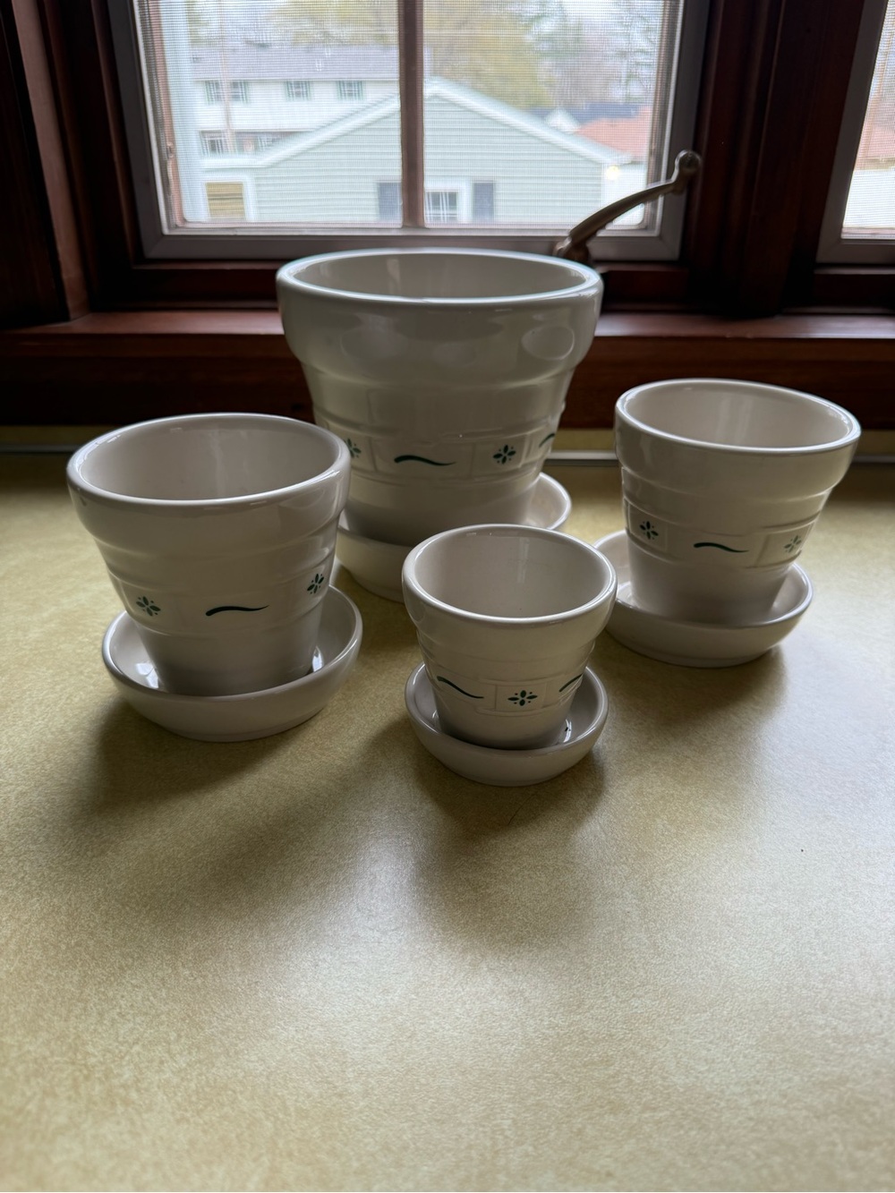 Longaberger White Ceramic Planter Set with Green Accent
